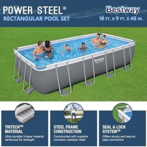 Alternative view of Bestway Power Steel 18′ x 9′ x 48″ Rectangular Metal Frame Above Ground Outdoor Swimming Pool Set with 1,500 GPH Filter Pump, Ladder, and Pool Cover