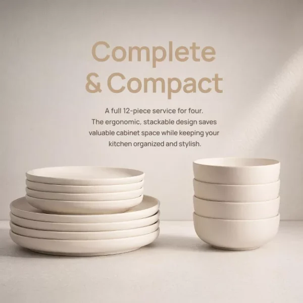 GUEST_e6f67565-bbac-4357-b349-e39581c3e683 12-Piece Stoneware Dinnerware Set | Matte Glaze Plates & Bowls Set for 4