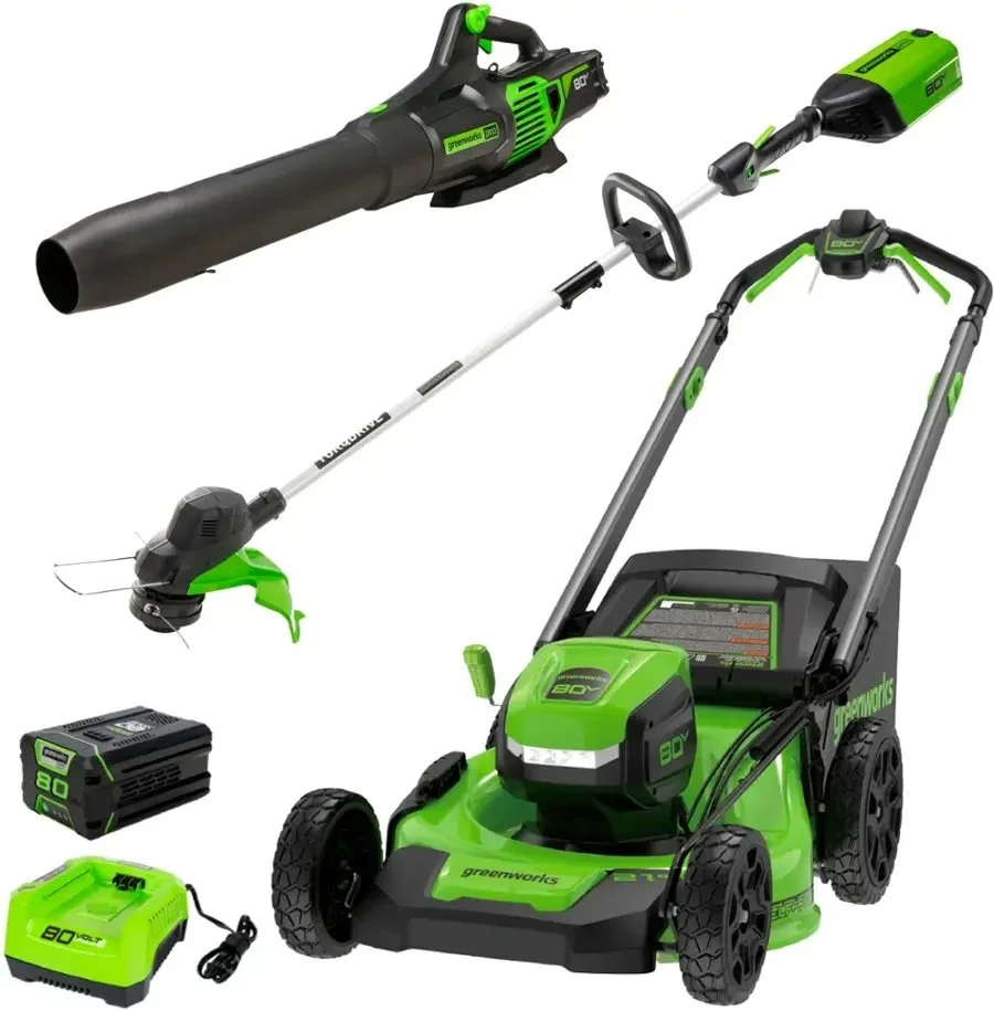 1-431-1.webp Greenworks 80V 21” Lawn Mower, 13” String Trimmer, and 730 Leaf Blowers.