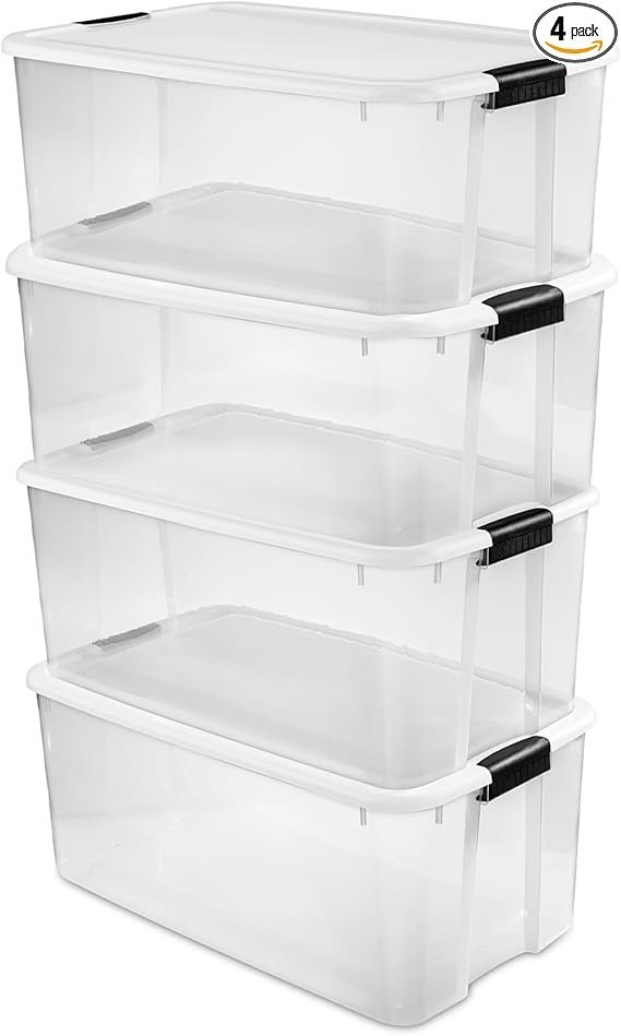 51LxxFibAJL._AC_SX569_PIbundle-4TopRight00_SH20_.jpg Sterilite 4-Pack Ultra Latching Box, Storage Bins with Lids, Clear Plastic, 116 Quart – Heavy-Duty Organizing Containers for Closet, Bathroom, and Office