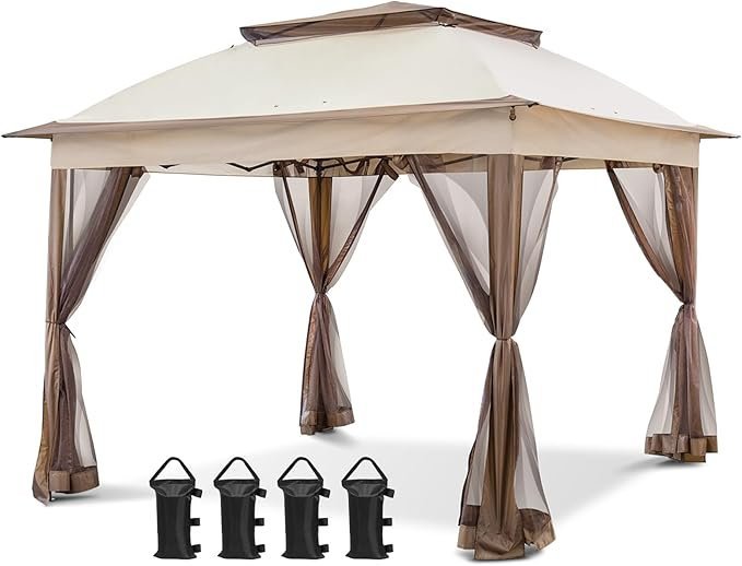 COOS BAY 11×11 Pop Up Gazebo with Mesh Netting, Instant Outdoor Canopy Tent, Water Resistant Shelter with UPF 50+ UV Protection, 121 Sq Ft Coverage, Beige