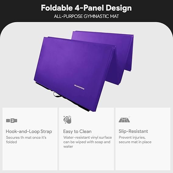 6188UFoaNLL._AC_SX569_.jpg BalanceFrom 10×4 Feet 4-Panel Folding Gymnastics Mat – 2-Inch Thick Pad with Vinyl Surface and Carrying Handles for Tumbling, Yoga, Pilates, Home Workouts, and Martial Arts