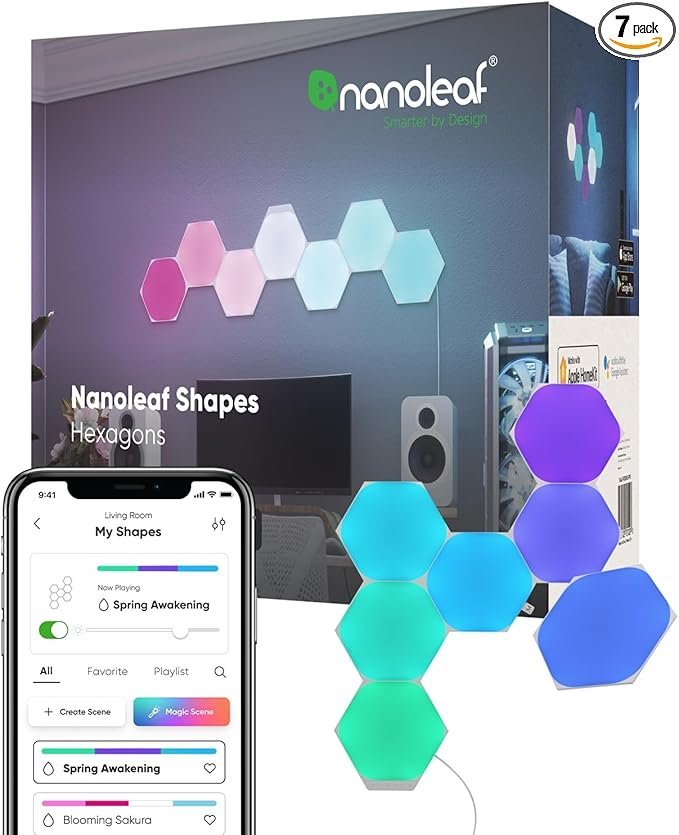 61EjNhroTL._AC_SX679_PIbundle-7TopRight00_SH20_.jpg Nanoleaf Shapes LED Wall Lights, RGBW Smart Wall Panels with 16M+ Color, Compatible with Alexa & Google Assistant, Music Sync, DIY Gaming Light for Home Decor (Hexagons Smarter Kit 7 Pack)
