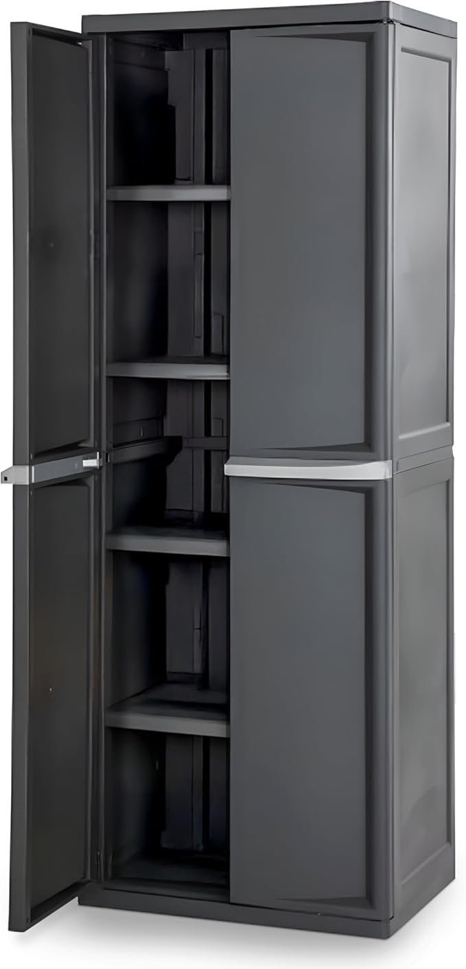 61FJOtNtHvL._AC_SX679_.jpg Sterilite 4 Shelf Cabinet, Heavy Duty and Easy to Assemble Plastic Storage Unit, Organize Bins in the Garage, Basement, Attic, Mudroom, Gray, 1-pack