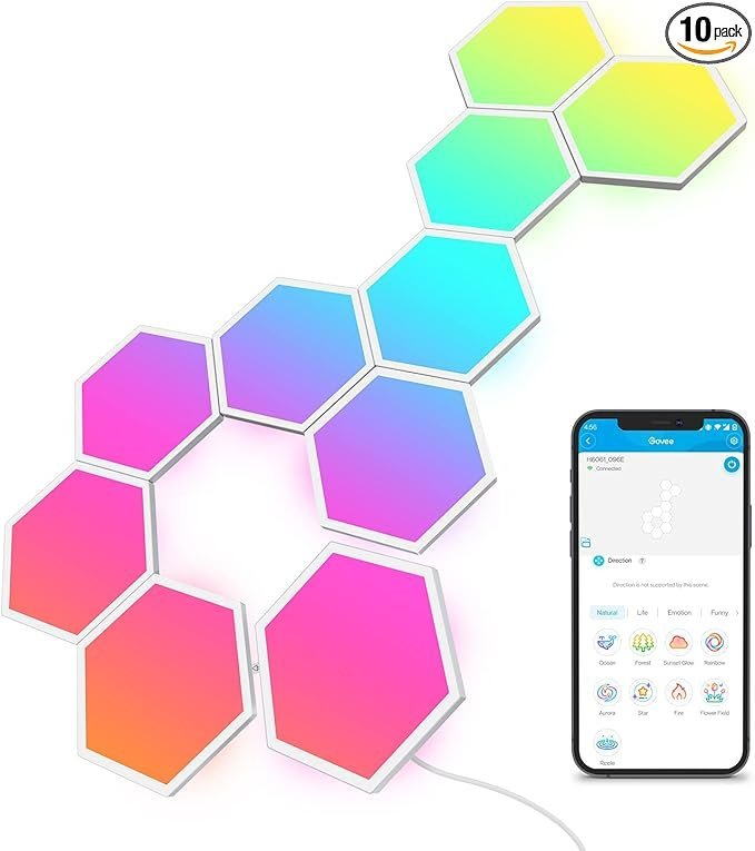 61WCvyYZPcL._AC_SX679_PIbundle-10TopRight00_SH20_.jpg Govee Glide Hexa Light Panels, RGBIC Hexagon LED Wall Lights, Wi-Fi Smart Home Creative Wall Lights with Music Sync, Works with Alexa Google Assistant for Indoor Gaming Decor, 10 Pack