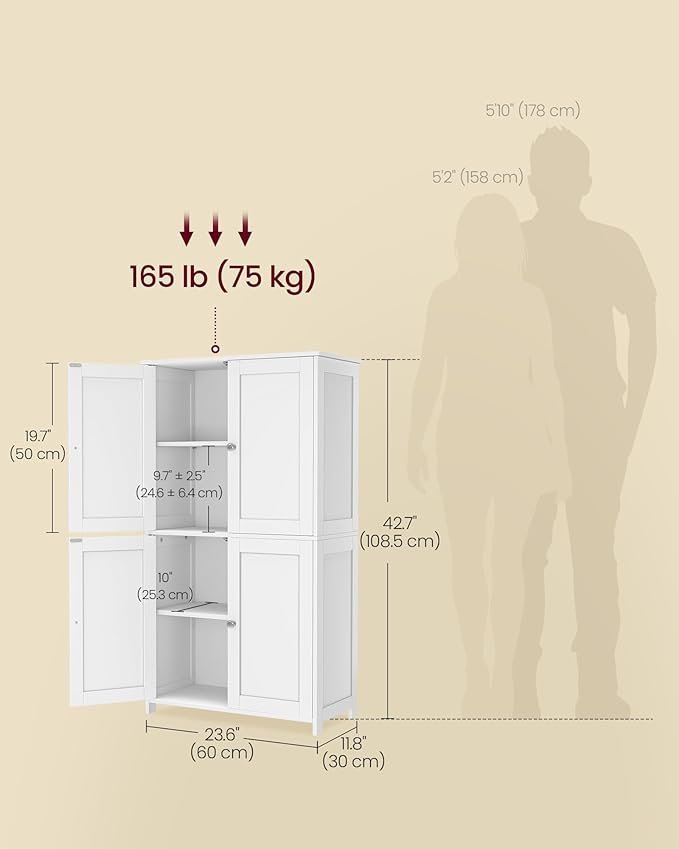 VASAGLE Floor Storage Cabinet, Shaker Cabinet with 2 Adjustable Shelves, 4 Doors, Tall Freestanding Organizer Unit, for Kitchen Bathroom Living Room, Cloud White UBBC553WH01S