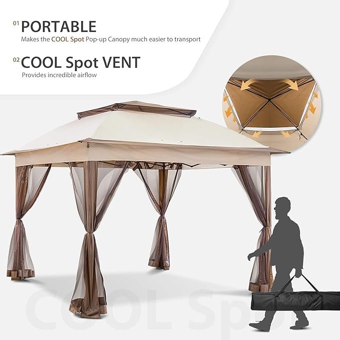 61cUmpdRQ3L._AC_SX679_.jpg COOS BAY 11×11 Pop Up Gazebo with Mesh Netting, Instant Outdoor Canopy Tent, Water Resistant Shelter with UPF 50+ UV Protection, 121 Sq Ft Coverage, Beige