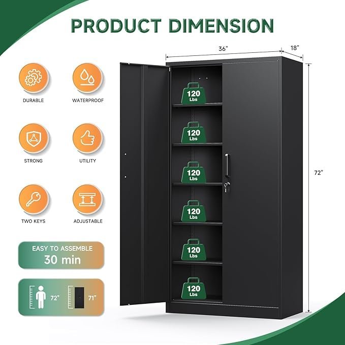 Letaya Metal Garage Storage Cabinets with Lock-72 Tall Tool Organizer Steel Lockers, 5 Adjustable Layers Shelves for Home,Office,Warehouse,Garage,(Black-72“) | with Lock, 72 Tall, Tool Organizer