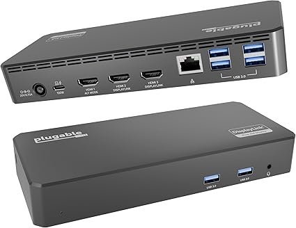 61giHIGDyL._AC_SX425_.jpg Plugable USB C Triple Display Docking Station | 100W PD, 3x HDMI (1x 4K 30Hz, 2x 1080p 60Hz), 6x USB 5Gbps Ports | Windows, macOS, ChromeOS Compatible – Enhance Productivity with Multi-Monitor Support