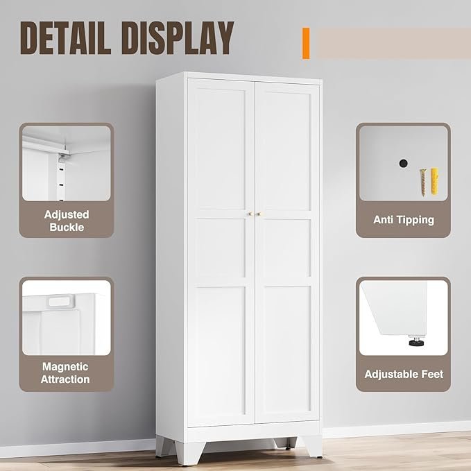 Yizosh Metal Pantry Cabinet, 75″ Kitchen Pantry with 2 Door and 4 Adjustable Shelves,White Metal Pantry Storage Cabinet,Cupboard for Kitchen,Dining Room,Living Room and Bathroom