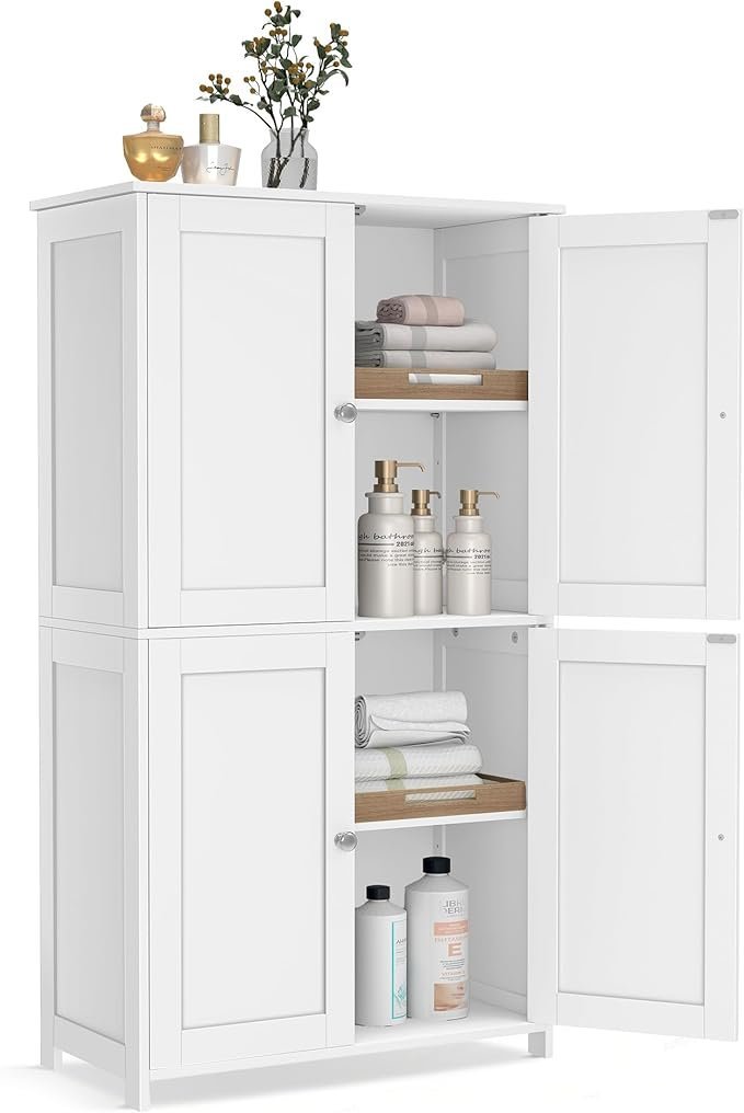 61rkqknxb3L._AC_SX679_.jpg VASAGLE Floor Storage Cabinet, Shaker Cabinet with 2 Adjustable Shelves, 4 Doors, Tall Freestanding Organizer Unit, for Kitchen Bathroom Living Room, Cloud White UBBC553WH01S
