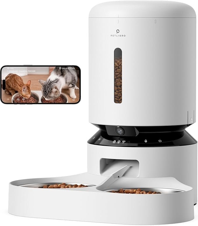 61t1Rhe008L._AC_SX679_.jpg PETLIBRO Automatic Cat Feeder with Camera for Two Cats, 1080P HD Video with Night Vision, 5G WiFi Pet Feeder with Phone APP Control, 2-Way Audio for Cat & Dog, Low Food & Motion & Sound Alerts