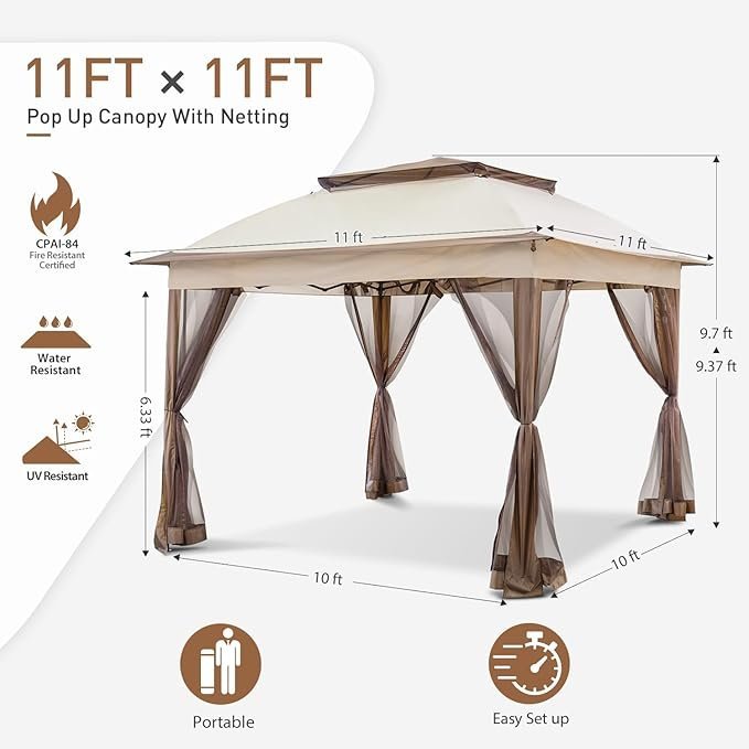61vuA9j7ozL._AC_SX679_.jpg COOS BAY 11×11 Pop Up Gazebo with Mesh Netting, Instant Outdoor Canopy Tent, Water Resistant Shelter with UPF 50+ UV Protection, 121 Sq Ft Coverage, Beige