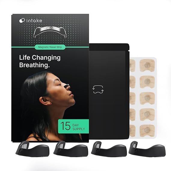 61wGwlVqUkL._AC_SX569_.jpg Intake Breathing — Magnetic Nasal Strips Starter Kit | Reusable Band + Tabs | Nasal Strips for Sleep, Snoring, Breathing & Sports | Stronger Lift Than Traditional Nose Strips | 4 Sizes, 15 Tabs, Black