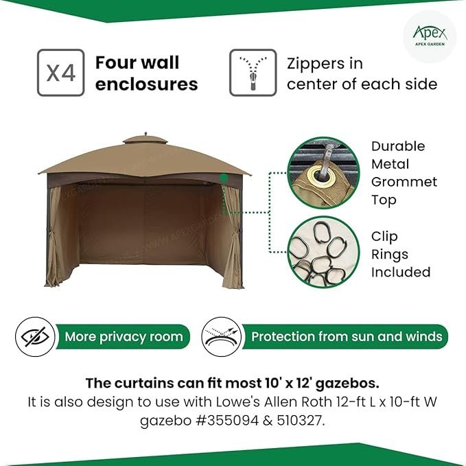 APEX GARDEN Four-Side Privacy Side Wall Curtain Set for 10-ft x 12-ft Gazebo (Beige)