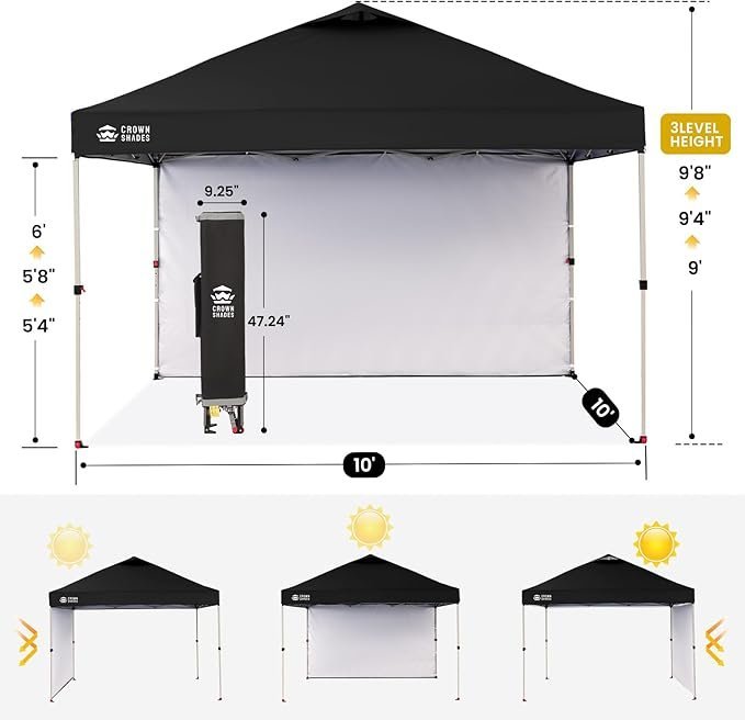 61yKbfb9q1L._AC_SX679_.jpg CROWN SHADES 10×10 Pop Up Canopy with 1 Side Wall – Beach Tent with One Push Setup – Outdoor Sun Shade for Events, Parties, Camping – Gazebo with STO-N-Go Cover Bag (Black)