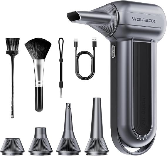 71-GXbysmKL._AC_SX569_.jpg WOLFBOX MF100 Electric Air Duster-150000RPM Super Power Cordless Air Duster, Rechargeable Brushless Motor Durable Blower, 3-Gear Adjustable Dust Blower for Computer, Keyboard, Outdoor, House and Car