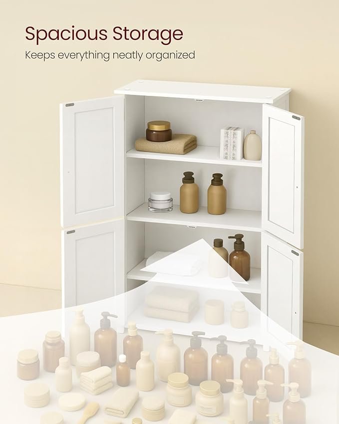 VASAGLE Floor Storage Cabinet, Shaker Cabinet with 2 Adjustable Shelves, 4 Doors, Tall Freestanding Organizer Unit, for Kitchen Bathroom Living Room, Cloud White UBBC553WH01S