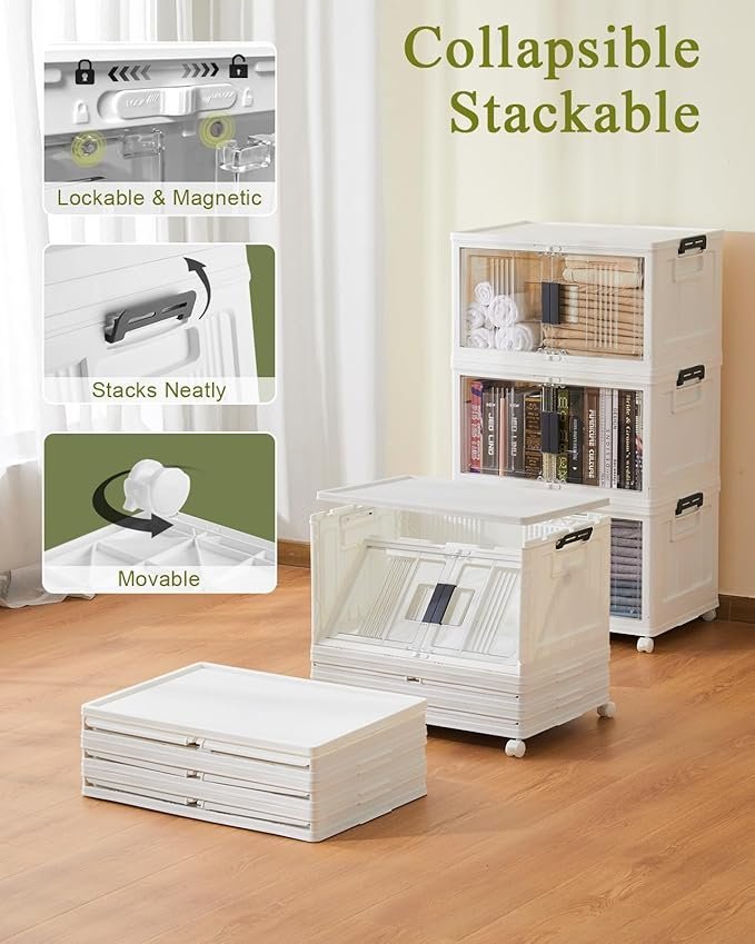 OlarHike 48QT Lockable Storage Bins with Lids – Folding Storage box with Doors and Wheels, Collapsible Plastic Storage Bins for Closets, Stackable Storage Organizer, Storage Containers, 4 Pack Cubes