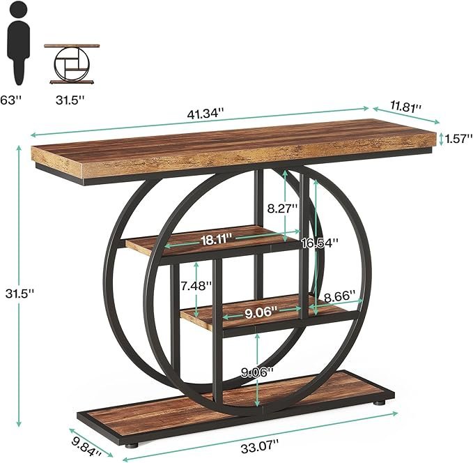 Tribesigns 41.3″ Console Table, Industrial 4-Tier Sofa Table Entryway Table with Circle Base, Narrow Wood Accent Tables with Storage Shelves for Living Room, Hallway, Foyer, Rustic Brown
