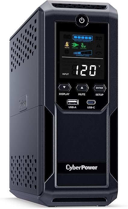 CyberPower CP1500AVRLCD3 Intelligent LCD UPS System, 1500VA/900W, 12 Outlets, 2 USB Ports, AVR, Mini Tower, Black