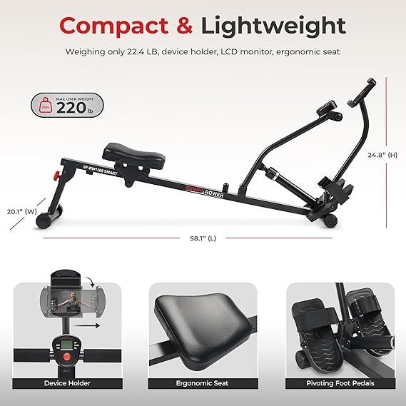 71743p9EeKL._AC_SX569_.jpg Sunny Health & Fitness Compact Adjustable Rowing Machine with 12 Levels of Resistance for Complete Body Workouts and Optional Free SunnyFit App Enhanced Connectivity