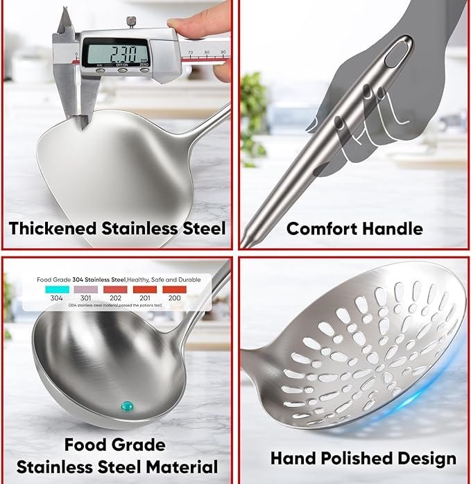 718hnCcgSL._AC_SX679_.jpg Newness 9 Pcs Cooking Utensils Set, 304 Stainless Steel Kitchen Utensils Set, Metal Kitchen Accessories, Include Soup Ladle, Slotted Skimmer Spoon, Spaghetti Spoon and Spatula, Dishwasher Safe
