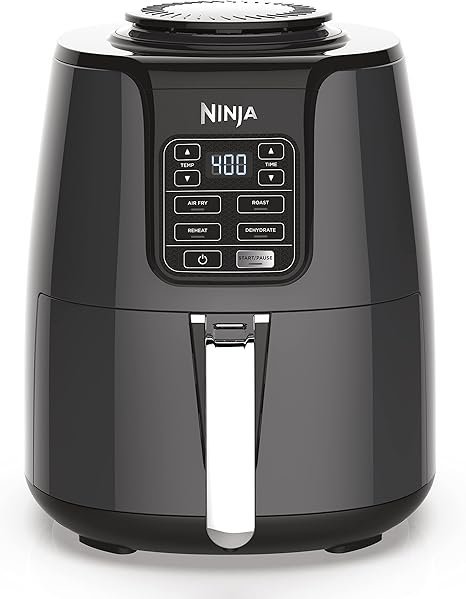 718uTMDRFL._AC_SX466_.jpg Ninja Air Fryer | 4 QT Capacity | 4-in-1 Roast, Crisp, Roast, Reheats, & Dehydrates | Dishwasher Safe Parts | 105°F-400°F | Includes 20 Easy & Healthy Recipes | 1550 watt | Grey | AF101