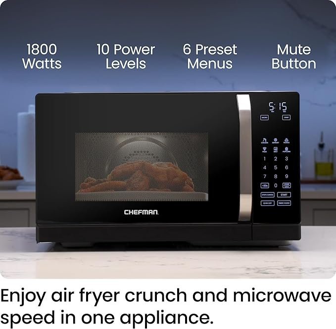 71AeVdMAsCL._AC_SX679_.jpg Chefman MicroCrisp Countertop Microwave Oven and Convection Oven, with Integrated Crisper, Guided Touchscreen Interface, 10 Power Levels, Mute Function, and Eco Mode, 1800W and 0.8 Cu. Ft. – Black