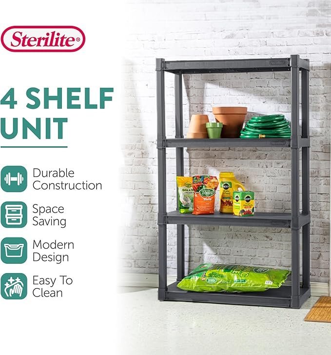 Sterilite 2-Pack 4 Shelf Unit, Heavy-Duty Shelving Storage and Utility Rack – Standing Plastic Organizer Shelves for Kitchen, Bathroom, and Garage