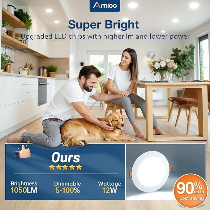 71FxKzfYaPL._AC_SX679_.jpg Amico 24 Pack 6 Inch 5CCT Ultra-Thin LED Recessed Ceiling Light with Junction Box, 1050LM Brightness, Dimmable Canless Wafer Downlight, 12W, ETL&FCC