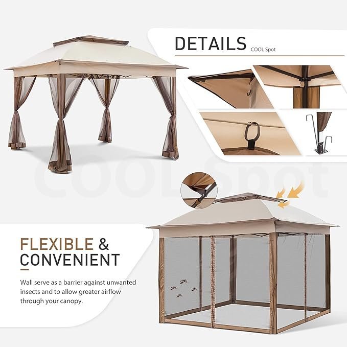 71KhWBlBxpL._AC_SX679_.jpg COOS BAY 11×11 Pop Up Gazebo with Mesh Netting, Instant Outdoor Canopy Tent, Water Resistant Shelter with UPF 50+ UV Protection, 121 Sq Ft Coverage, Beige