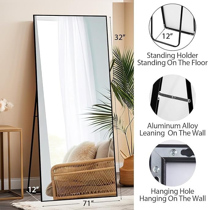 71LFNMKIm7L._AC_SX679_.jpg Beauty4U 71″ x 32″ Full Length Mirror with Stand, Large Floor Mirror for Bedroom, Wall Mounted or Leaning Full Body Mirror, HD Tempered Glass Dressing Mirror for Outfit Check & Home Decor, Black