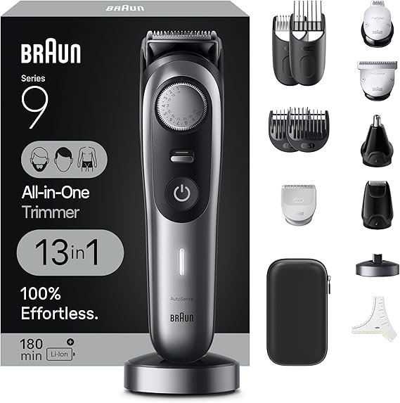 71LeQfcn0L._AC_SX569_.jpg Braun Series 9 All-in-One Multi Grooming Kit for Men, 13-in-1 Beard Trimmer, Body Groomer, Hair Clipper and Manscaping for Face & Body, 9440