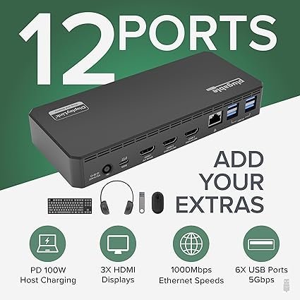71NRTDzTvfL._AC_SX425_.jpg Plugable USB C Triple Display Docking Station | 100W PD, 3x HDMI (1x 4K 30Hz, 2x 1080p 60Hz), 6x USB 5Gbps Ports | Windows, macOS, ChromeOS Compatible – Enhance Productivity with Multi-Monitor Support