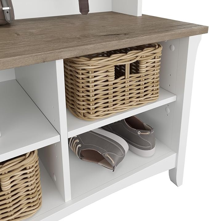 Bush Home Salinas Hall Tree with Shoe Storage Bench in Shiplap Gray and Pure White, Multi-Purpose Home Organizer, Entryway Solution with Seating and Hooks