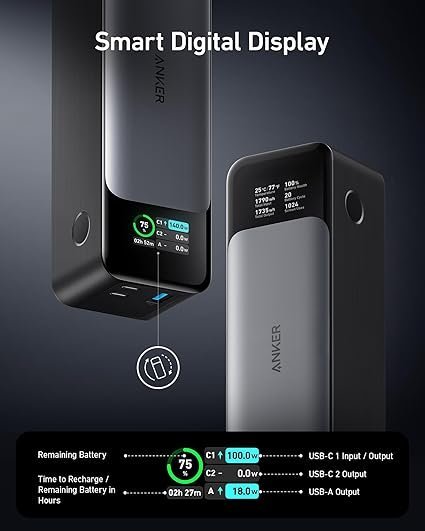 71SjLWZcheL._AC_SX425_.jpg Anker 737 Power Bank, 140W Max 3-Port Laptop Portable Charger, 24,000mAh, Smart Display, Compatible with iPhone 16 / 15 / 14 Series, Vision Pro, Samsung, MacBook, and More