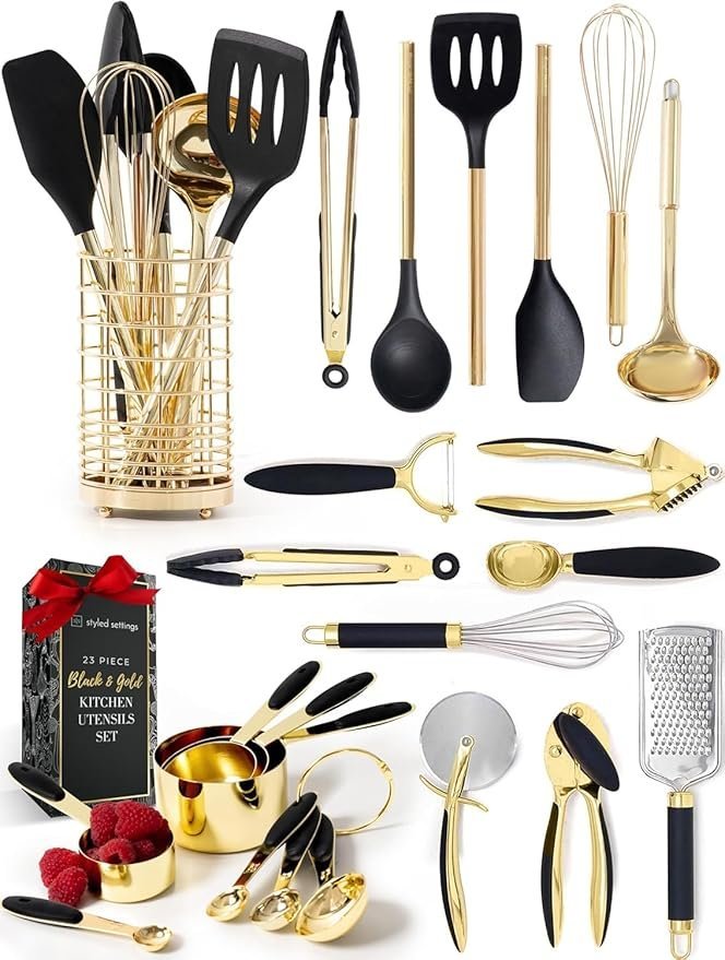 71SyRbWnO0L._AC_SY879_.jpg Black and Gold Kitchen Utensils Set – 23-Piece Luxury Kitchen Accessories Includes Gold Measuring Cups, Spoons, Silicone Cooking Utensils and Tools for Baking, Cooking, and Stylish Kitchen Decor