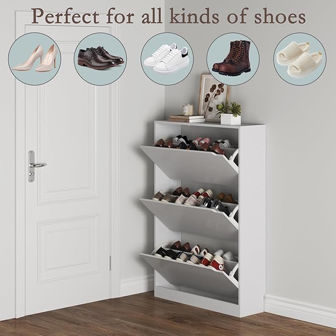 71VoAFs4ntL._AC_SX679_.jpg BORNOON Shoe Cabinet with 3 Flip Drawers, Hidden Wood Shoe Cabinet,Freestanding Shoe Storage Cabinet for Entryway Hallway.White. 47.2″ H*31.5″ W*9.45″ D.