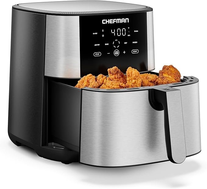 71VzGtbzyFL._AC_SX679_.jpg Chefman Air Fryer 8 Qt | TurboFry® 4-in-1 with 450°F Hi-Fry Option for Crispier Results | Bake, Dehydrate, Frozen | XL Nonstick Dishwasher-Safe Basket | Stainless Steel