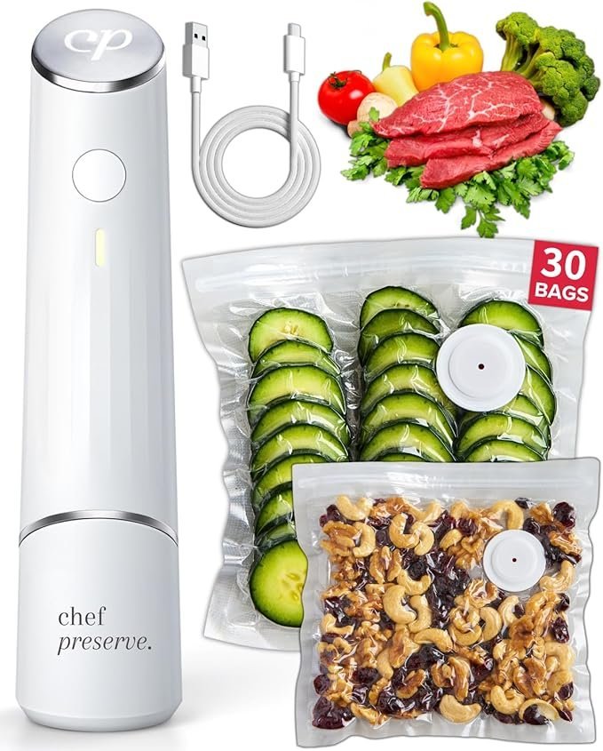 71XEvtKF9oL._AC_SX679_.jpg Chef Preserve Compact Vacuum Sealer for Food (Vacuum Sealer Machine + 30 Reusable Vacuum Bags) Powerful Handheld Vacuum Sealer Machine, Seal Meal Saver, Portable Food Sealer
