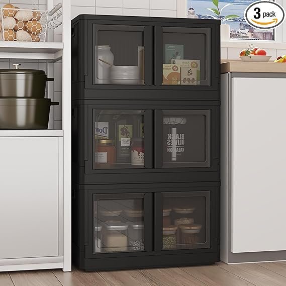 71Ysb4kc99L._AC_SX569_PIbundle-3TopRight00_SH20_.jpg FLEXIMOUNTS 228 QT Stackable Storage Bins With Lids, Collapsible Plastic Storage Bins With Doors and Built-in Wheels For Home Dorm Closet Organizers and Storage, 3 Pack Cubes, Black