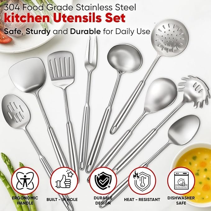 71a19LjHp-L._AC_SX679_.jpg Newness 9 Pcs Cooking Utensils Set, 304 Stainless Steel Kitchen Utensils Set, Metal Kitchen Accessories, Include Soup Ladle, Slotted Skimmer Spoon, Spaghetti Spoon and Spatula, Dishwasher Safe