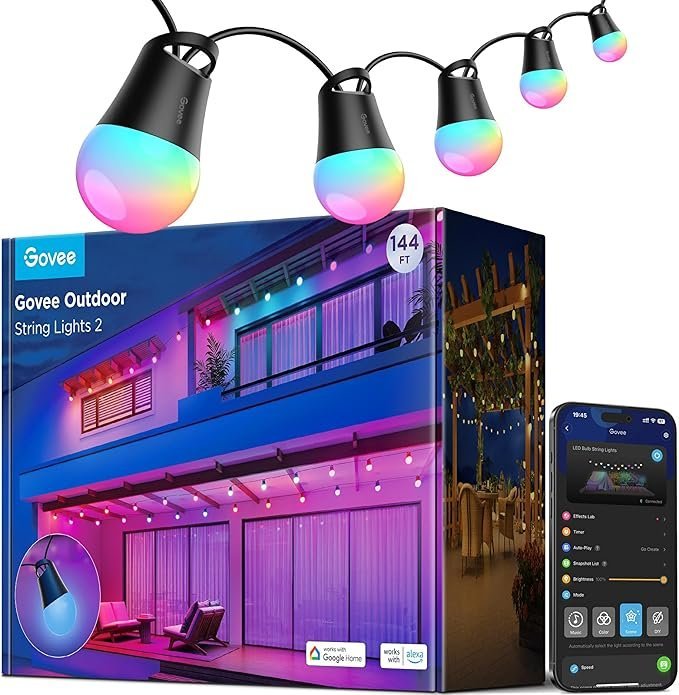 71ag0xH4YsL._AC_SX679_PIbundle-45TopRight00_SH20_.jpg Govee Smart Outdoor String Lights 2, 144ft Outdoor Lights with Dimmable Warm White LED Bulbs, 47 Scene Modes for Patio, Backyard, Balcony, IP65 Waterproof, Works with Alexa, App Control