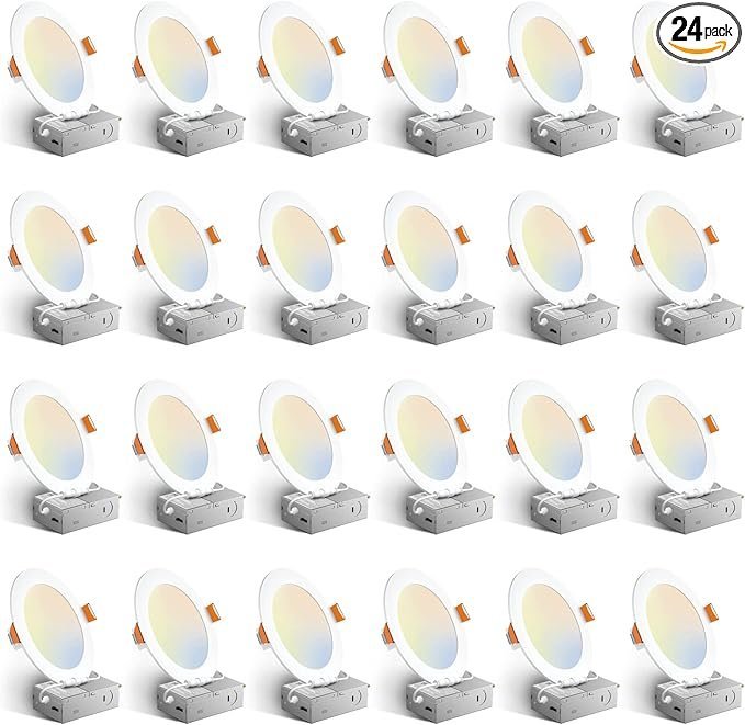 71bMmAlAuL._AC_SX679_PIbundle-24TopRight00_SH20_.jpg Amico 24 Pack 6 Inch 5CCT Ultra-Thin LED Recessed Ceiling Light with Junction Box, 1050LM Brightness, Dimmable Canless Wafer Downlight, 12W, ETL&FCC