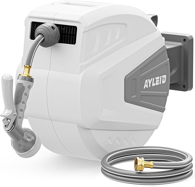 71gX1w6I4yL._AC_SX679_.jpg Ayleid Retractable Garden Hose Reel,1/2 in x 100 ft Wall Mounted Hose Reel, with 9- Function Sprayer Nozzle, Any Length Lock/Slow Return System/Wall Mounted/180°Swivel Bracket (Gray)
