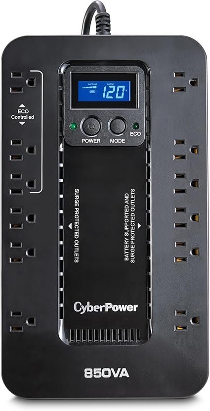 71pjstjaRUL._AC_SX425_.jpg CyberPower EC850LCD Ecologic UPS Battery Backup and Surge Protector, 850VA/510W, 12 Outlets, ECO Mode, Compact, UL Certified