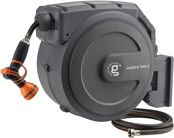 71qngyqEVHL._AC_SX569_.jpg Giraffe Tools Retractable Garden Hose Reel 1/2 Inch x 130 ft, Super Heavy Duty, Any Length Lock, Slow Return System, Wall Mounted and 180 Deg Swivel Bracket