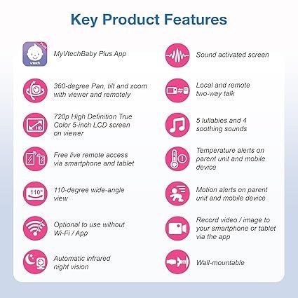71s03m-dVIL._SX425_.jpg VTech VM901 Smart WiFi Baby Monitor with 1080p FHD Camera and 5″ HD IPS Display, Free App, Remote Pan Tilt Zoom, Night Vision, Motion Detection Alerts