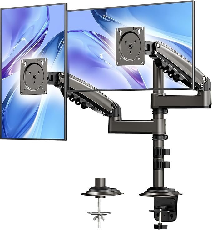 71svG-n9q-L._AC_SX679_.jpg HUANUO 17-32 Inch Dual Monitor Stand, Vertical Dual Monitor Mount, Monitor Stand 2 Monitors, Ergonomic Adjustable Tilt/Swivel/Rotate, Weight Max 19.8 lbs, VESA 75/100mm